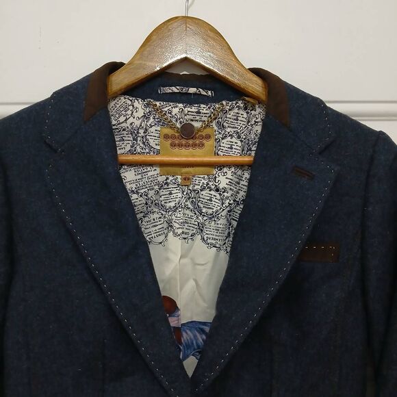 Ted baker womens US size 4 blazer blue 100% wool brown elbow patchwork - Picture 3 of 9